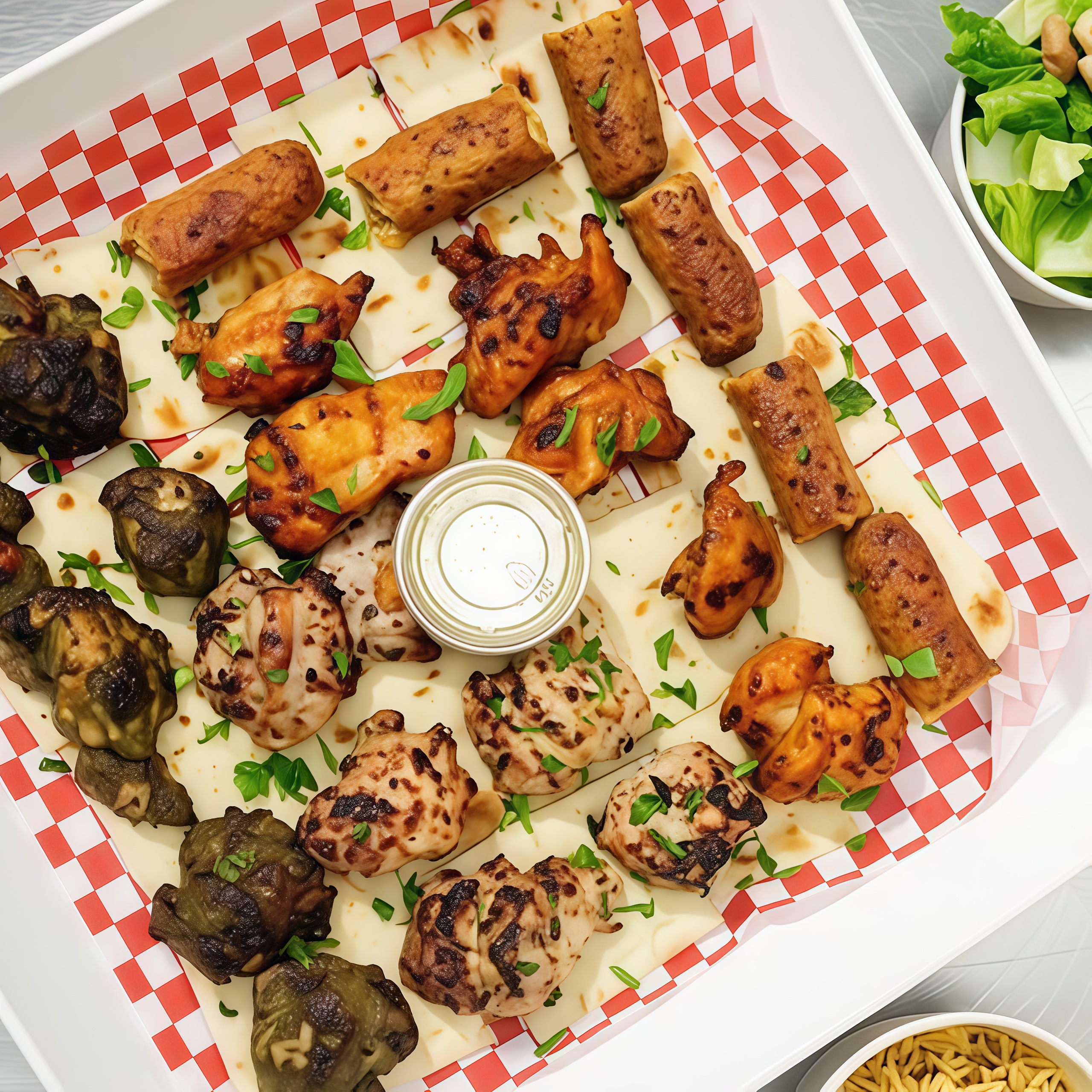 A tray of freshly grilled skewers, kebabs and tikka